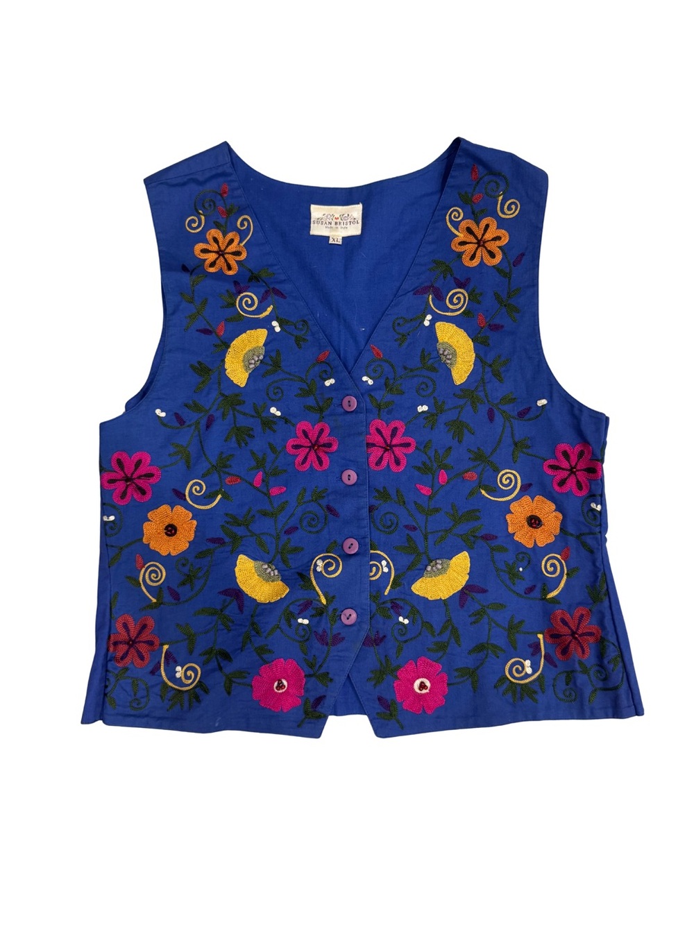 Vintage 90s Susan Bristol Embroidered Floral Vest Blue Boho Folk XL